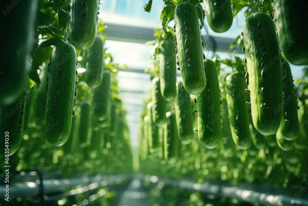 Greenhouse cucumbers growing on vertical racks, showcasing space