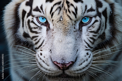 Very close up photo of a blue-eyed tiger