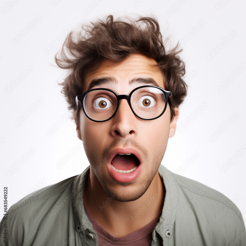 A surprised man face wearing glasses