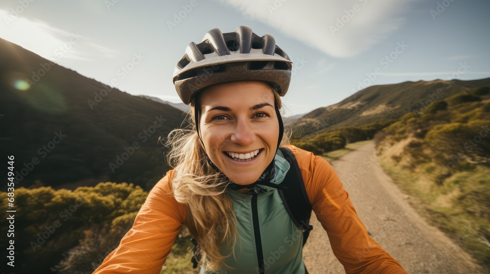 A beautiful female cyclist taking a selfie while cycling with pine trees and hills in the background. A beautiful female cyclist taking a selfie while cycling with pine trees and hills in the background.