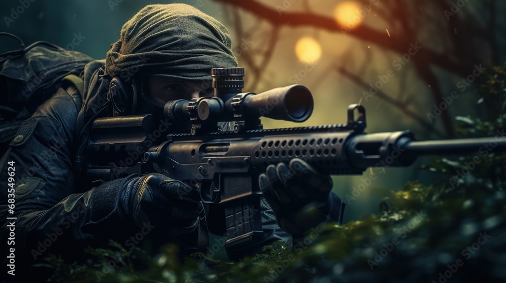 Sniper aiming and shooting from a hiding place, especially accurately and at long range, war concept Sniper aiming and shooting from a hiding place, especially accurately and at long range, war concept