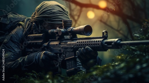 Sniper aiming and shooting from a hiding place, especially accurately and at long range, war concept photo