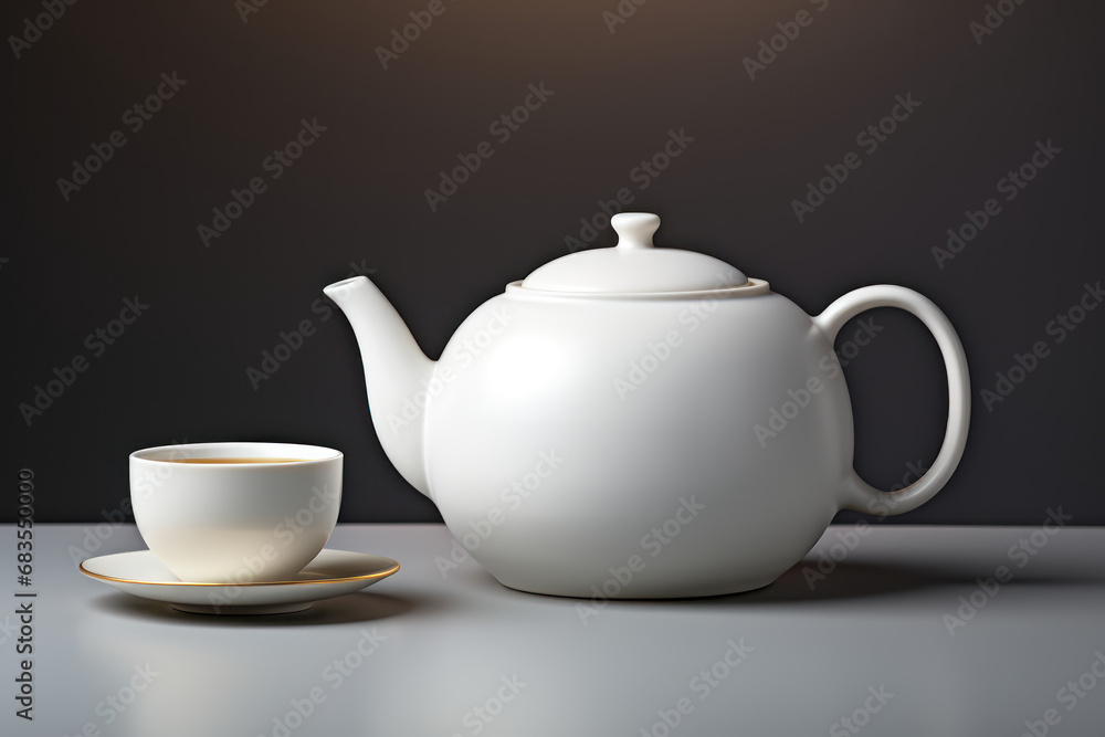 A white porcelain teapot and cup, casting a spotlight on the elegance and timelessness of traditional tea culture. Generative Ai. A white porcelain teapot and cup, casting a spotlight on the elegance and timelessness of traditional tea culture. Generative Ai.