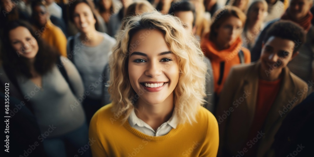 Aerial View of Smiling Blonde Woman Amongst a Crowd. Generative ai