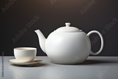 A white porcelain teapot and cup, casting a spotlight on the elegance and timelessness of traditional tea culture. Generative Ai.