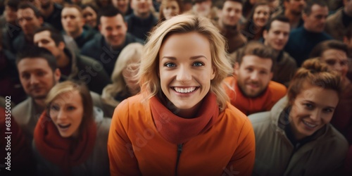 Aerial View of Smiling Blonde Woman Amongst a Crowd. Generative ai
