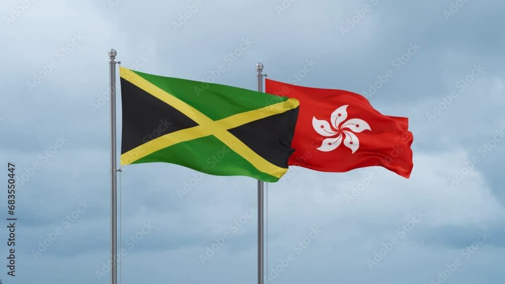 Hong Kong flag and Jamaica flag waving together on cloudy sky, endless seamless loop, two country relations concept Hong Kong flag and Jamaica flag waving together on cloudy sky, endless seamless loop, two country relations concept