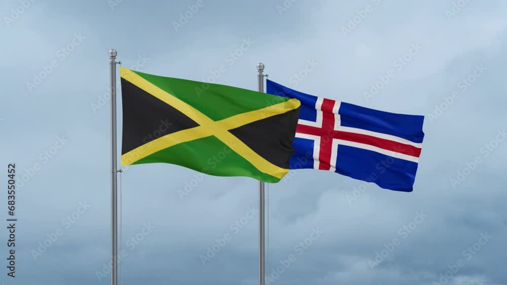 Iceland and Jamaica flag waving together on cloudy sky, endless seamless loop, two country cooperation concept Iceland and Jamaica flag waving together on cloudy sky, endless seamless loop, two country cooperation concept
