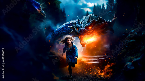 Young girl running in front of fire breathing dragon in movie poster.