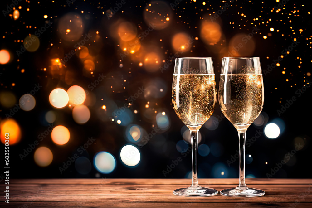Glasses of champagne against the backdrop of fireworks and New Year's lights. Generative AI Glasses of champagne against the backdrop of fireworks and New Year's lights. Generative AI