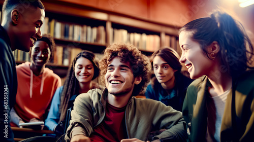 Group of young people sitting next to each other in front of bookshelf.