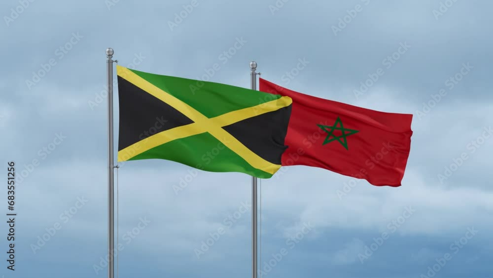 Morocco flag and Jamaica flag waving together on cloudy sky, endless seamless loop, two country relations concept Morocco flag and Jamaica flag waving together on cloudy sky, endless seamless loop, two country relations concept