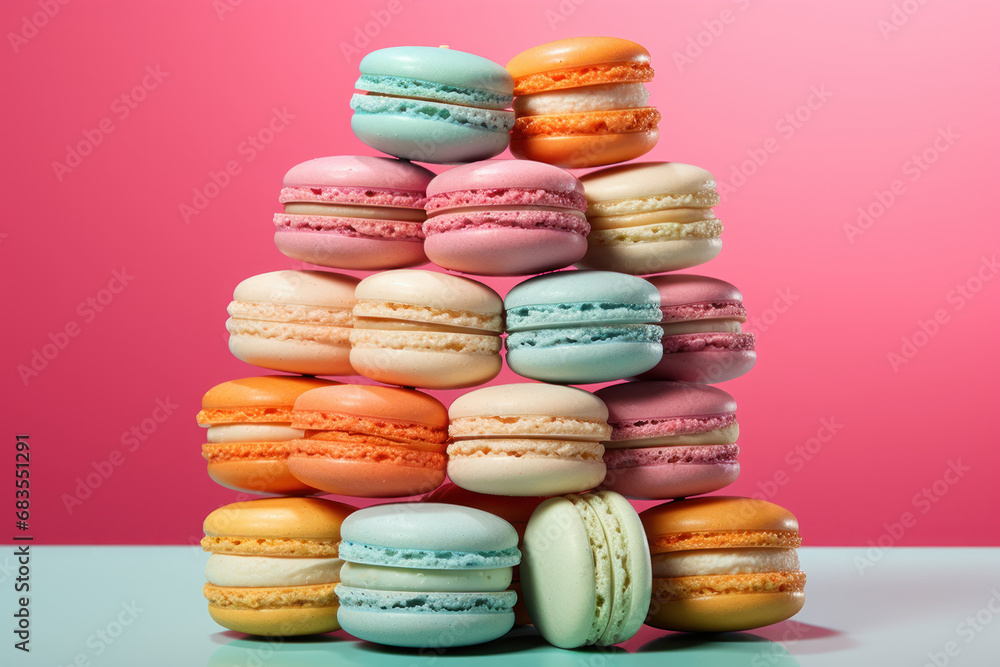 Colorful macarons arranged in a gradient pattern, showcasing the delicate and precise nature of this French confectionery. Generative Ai. Colorful macarons arranged in a gradient pattern, showcasing the delicate and precise nature of this French confectionery. Generative Ai.