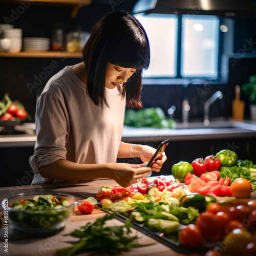 Woman in kitchen cutting vegetables on cutting board with cell phone. © Констянтин Батыльчук