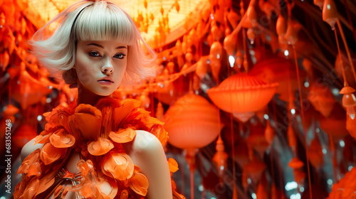 Mannequin wearing dress made out of orange flowers and balloons.