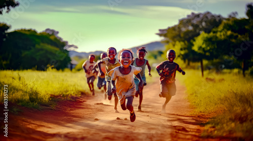 Group of children running down dirt road in field of grass.