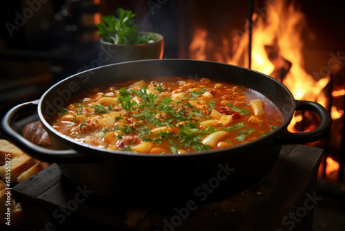 A bowl of hearty vegetable soup simmering on a stove, symbolizing warmth, comfort, and the nourishing aspects of homemade meals. Generative Ai.