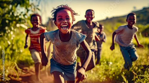 Group of young children running in grassy field with trees in the background. © Констянтин Батыльчук