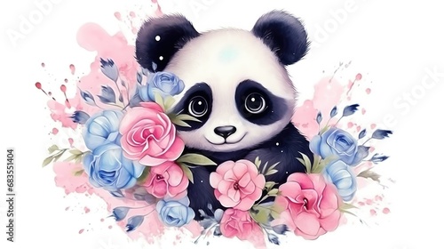 A cute panda and pink blue flowers.Romantic background in watercolor style. © Julija AI