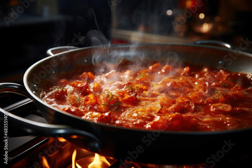 A close-up of a bubbling pot of tomato sauce simmering on the stove, capturing the essence of home-cooked Italian pasta. Generative Ai.