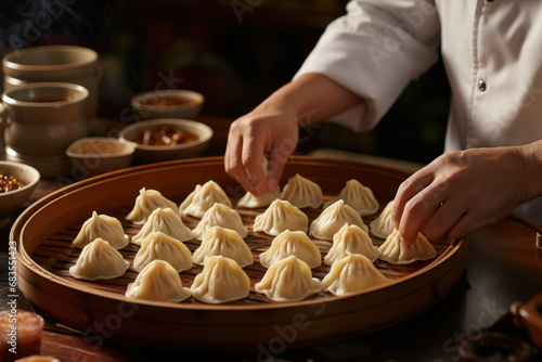A chef's hands crafting delicate dim sum dumplings, highlighting the craftsmanship and heritage behind this Chinese culinary art. Generative Ai.