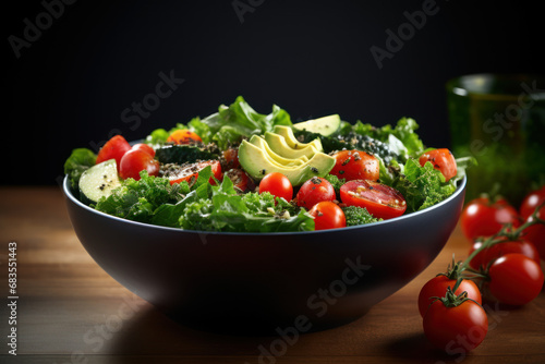 A vibrant salad bowl filled with crisp greens, fresh tomatoes, and a variety of toppings, promoting the concept of nutritious and customizable salads. Generative Ai.