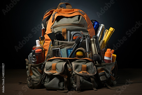 A backpack filled with essential supplies distributed by volunteers, symbolizing the practical support offered to those without permanent housing. Generative Ai.