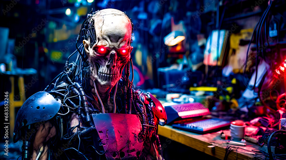 Creepy looking skeleton with red eyes sitting in front of computer desk.