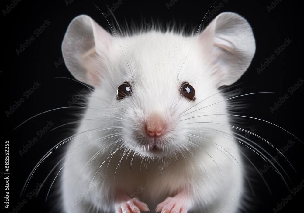 Realistic portrait of a white mouse on dark background. AI generated Realistic portrait of a white mouse on dark background. AI generated