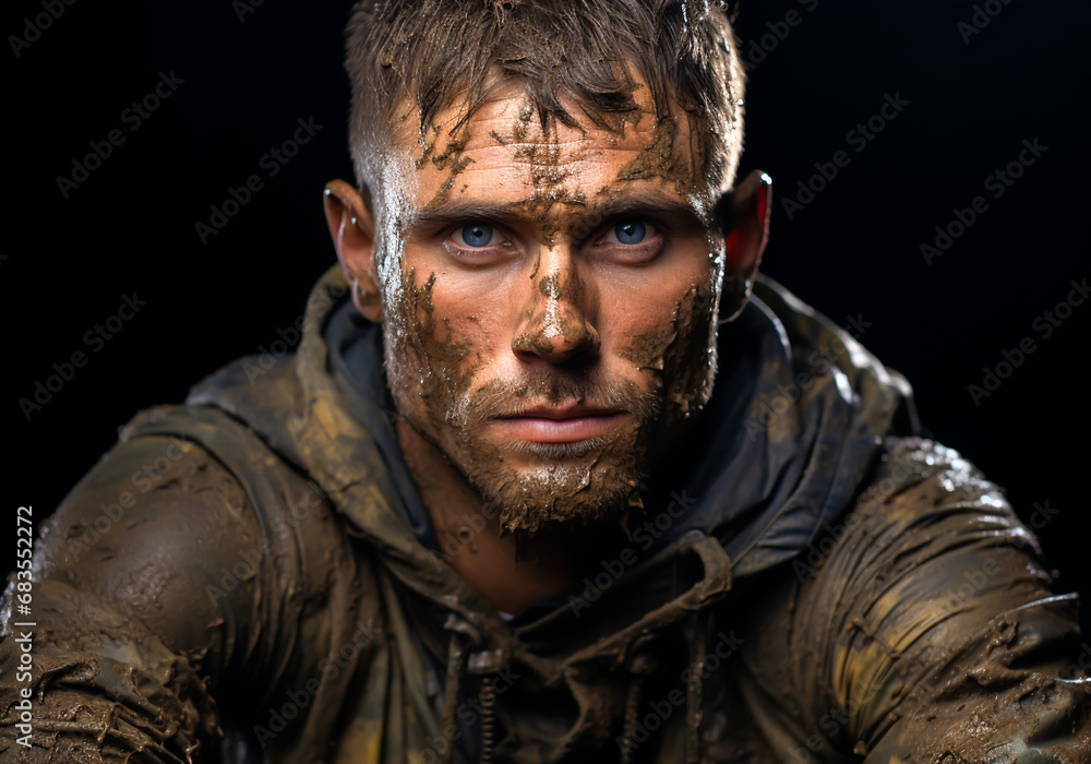 Man in casual clothes and face covered with mud. AI generated Man in casual clothes and face covered with mud. AI generated