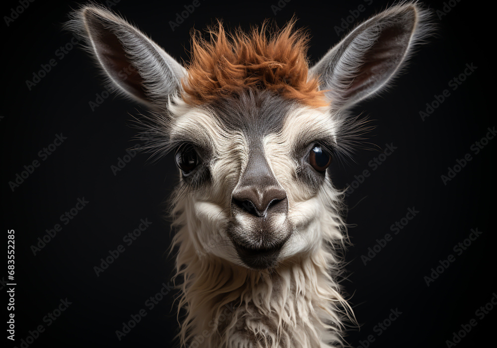 Realistic portrait of a llama on dark background. AI generated