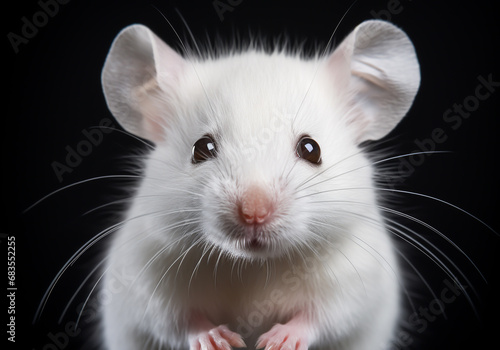 Realistic portrait of a white mouse on dark background. AI generated