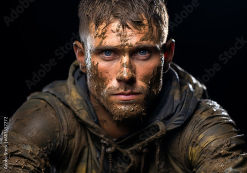 Man in casual clothes and face covered with mud. AI generated