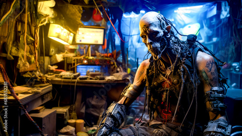 Man with dreadlocks sitting in front of desk in dark room.