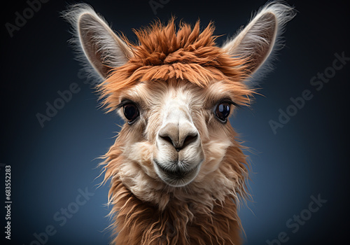 Realistic portrait of a llama on dark background. AI generated