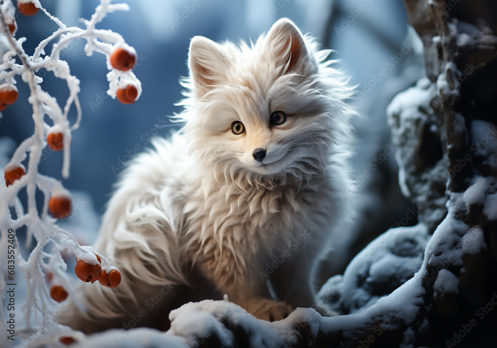 Red fox in winter landscape with falling snow. AI generated