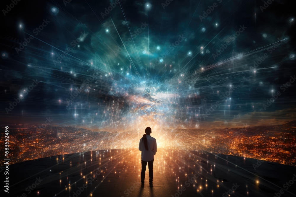 Man looking into a Dynamic Cybernetic Data Stream over City Lights Man looking into a Dynamic Cybernetic Data Stream over City Lights