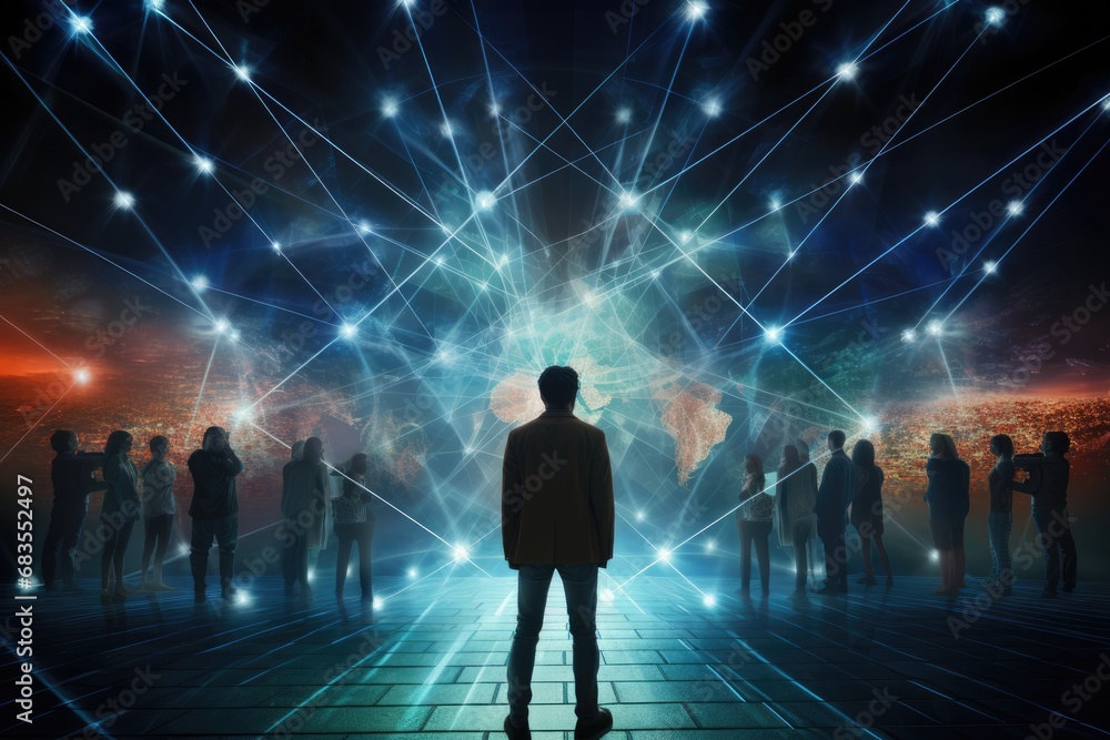 Group of people looking at Global Network Hologram over Cityscape at Night Group of people looking at Global Network Hologram over Cityscape at Night