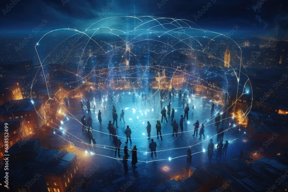 People Connected in a Global Communication Network Dome at Night - obrazy, fototapety, plakaty 