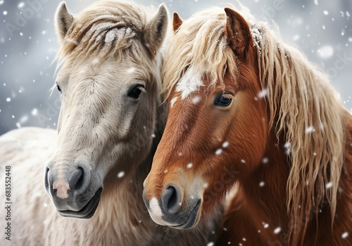 Typical Icelandic horse in winter landscape with falling snow. AI generated photo