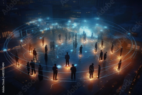 Silhouetted Figures of people Engaging in a Global Communication Network Dome at Night