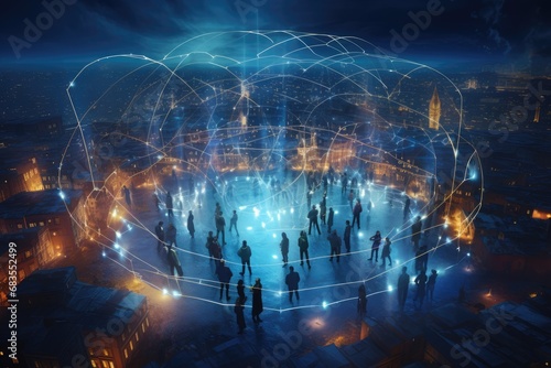 People Connected in a Global Communication Network Dome at Night photo