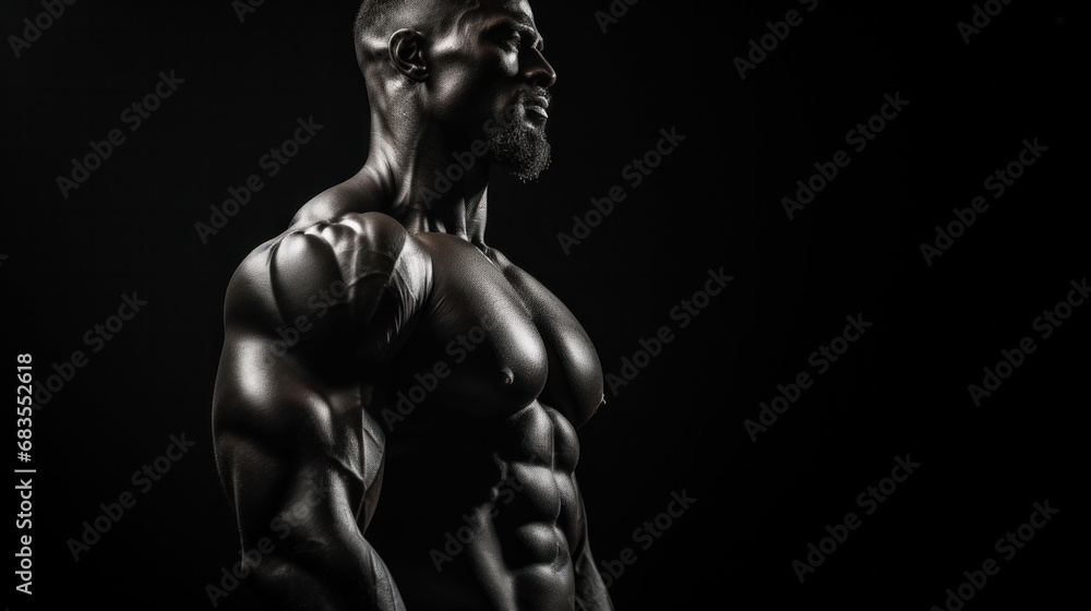  Side view of a man with a pronounced muscular profile, the lighting enhancing the contours of his physique.