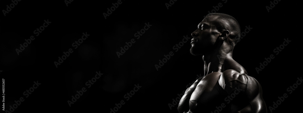 A powerful side profile of a male figure, showcasing a muscular neck and shoulder in a nuanced lighting that enhances his form. A powerful side profile of a male figure, showcasing a muscular neck and shoulder in a nuanced lighting that enhances his form.