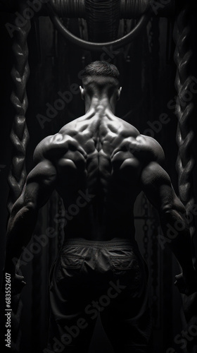 A man's muscular back against a textured background, showcasing the strength and detail of his upper body.