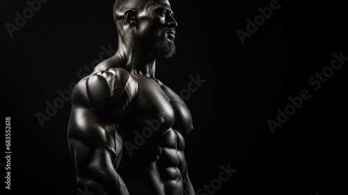  Side view of a man with a pronounced muscular profile, the lighting enhancing the contours of his physique.