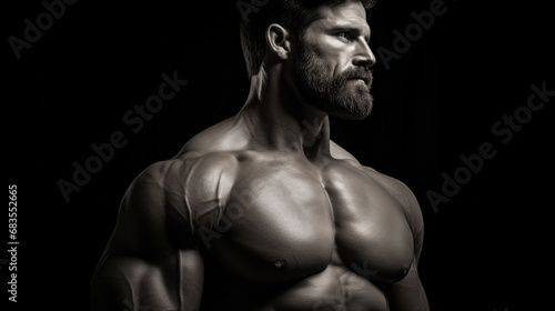 A strong, bearded male figure, standing with confidence, his physique a testament to dedication in fitness and bodybuilding. © Liana