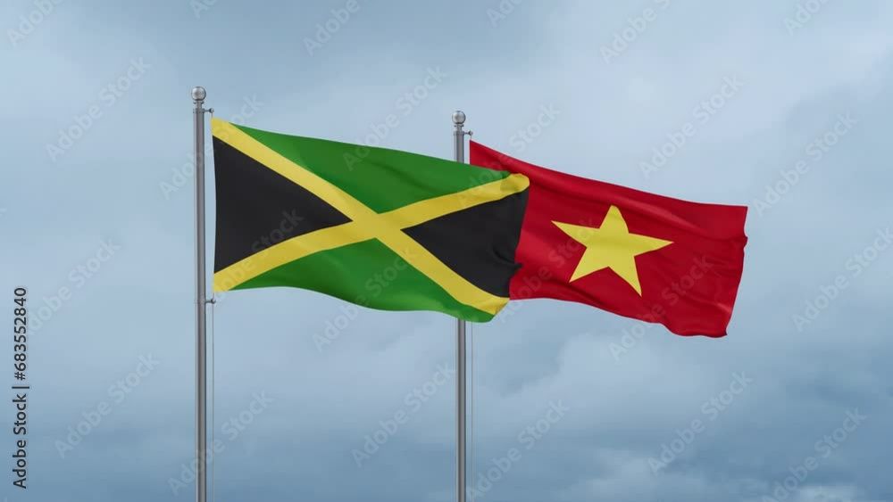 Vietnam and Jamaica flag waving together on cloudy sky, endless seamless loop Vietnam and Jamaica flag waving together on cloudy sky, endless seamless loop