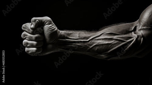 Striking detail of a clenched fist and forearm muscles, showcasing the intricate muscular system with a dark, contrasting backdrop. photo