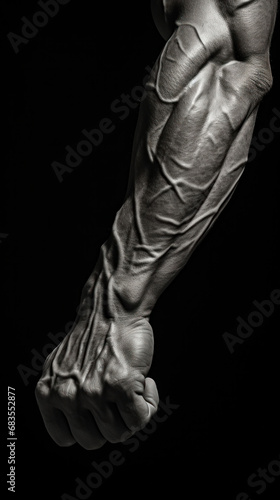  Close-up of a flexed arm displaying detailed muscular structure against a black background, a testament to human anatomy and strength. © Liana
